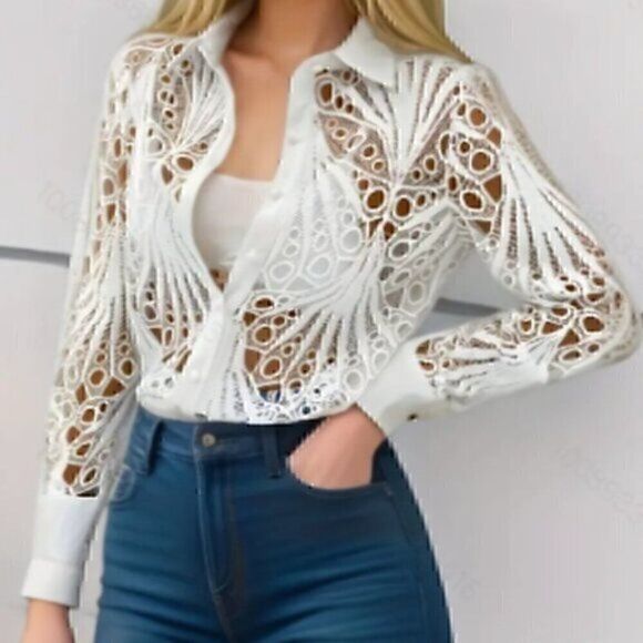 White Hollow Out Shirt, Versatile Long Sleeve Shirt For Spring & Fall XL - Picture 3 of 5